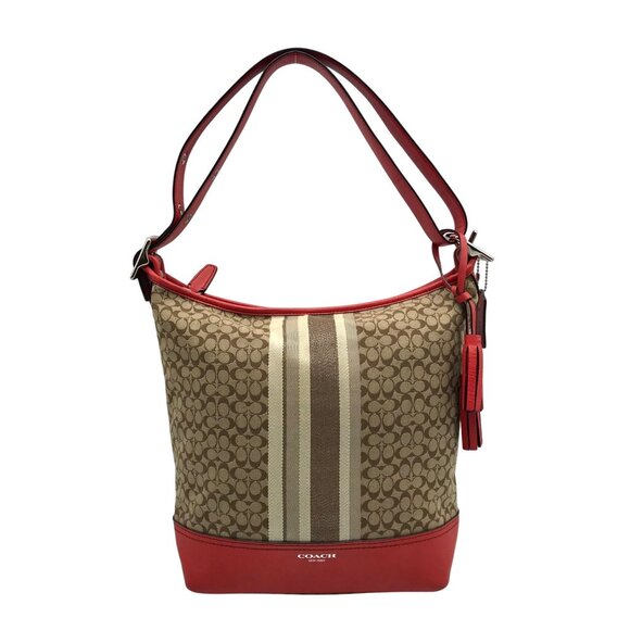 Coach Red / Tan Canvas And Leather Signature Legacy Stripe Duffle Bag  19918 - Picture 1 of 11